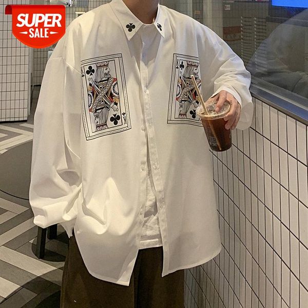

korean style niche personality poker print loose shirt men and women abstinence department hong kong drape #6o6e, White;black