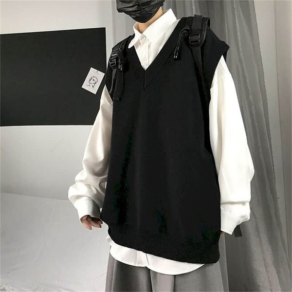 Gilet uomo maglione autunno tinta unita lavorato a maglia maschio stile coreano tendenza gilet senza maniche con scollo a V sciolto College 210918