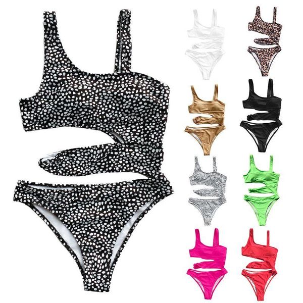 

women one-piece bikini irregular backless monokini solid color leopard push up swimsuit cut out waist beachwear suits