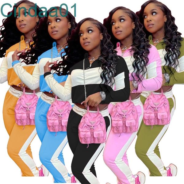 

women sports tracksuits striped stitching suit designer zip neck pullover long sleeve trousers casual sweater two piece set, Gray