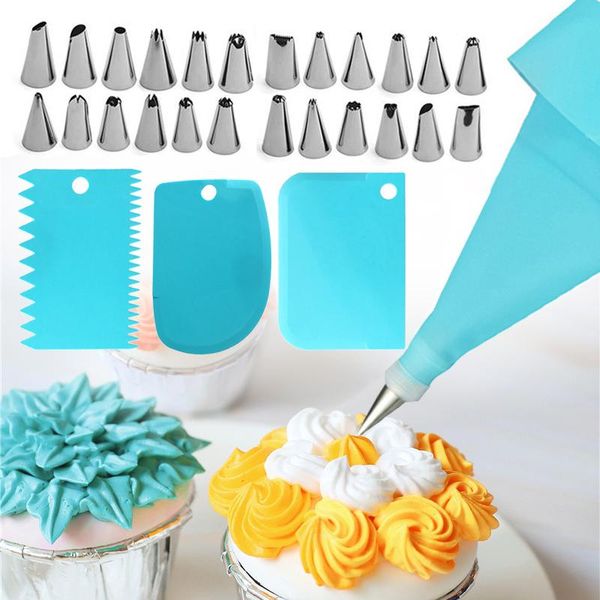 

26pcs blue silicone pastry bag tips cream nozzles for cake decorating tools 3pcs dough cutter confectionery fondant decor baking &