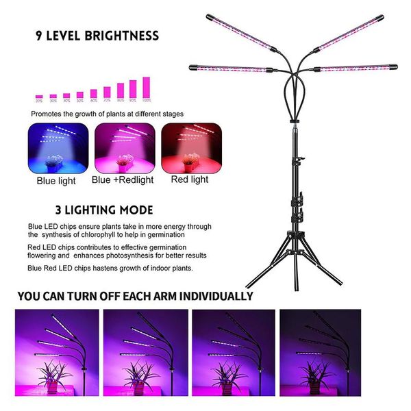 

full spectrum led grow light red blue 3 modes dimmable hydroponics greenhouse phytolamp remote plant growing lamp with tripod lights