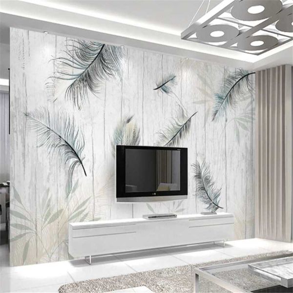 

custom mural wallpaper plant leaf feather modern minimalist plank wood grain tv background wall painting wallpapers