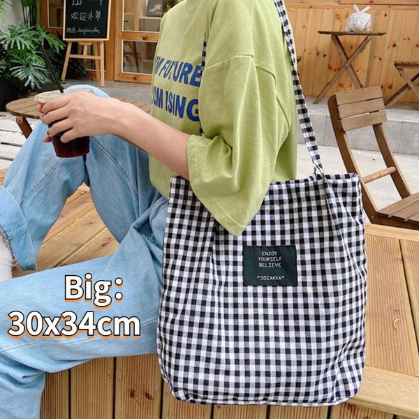 

vintage plaid women canvas shopping bags female thin strap cloth handbags student girls travel casual tote large shoulder bag
