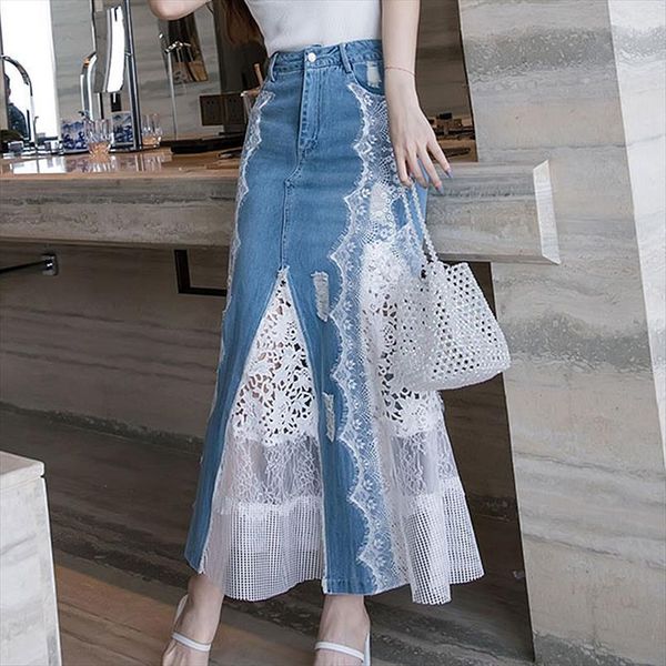 

summer mermaid denim vintage womens skirts high waist lace patchwork maxi jeans ladies trumpet saia jupe femme, Black