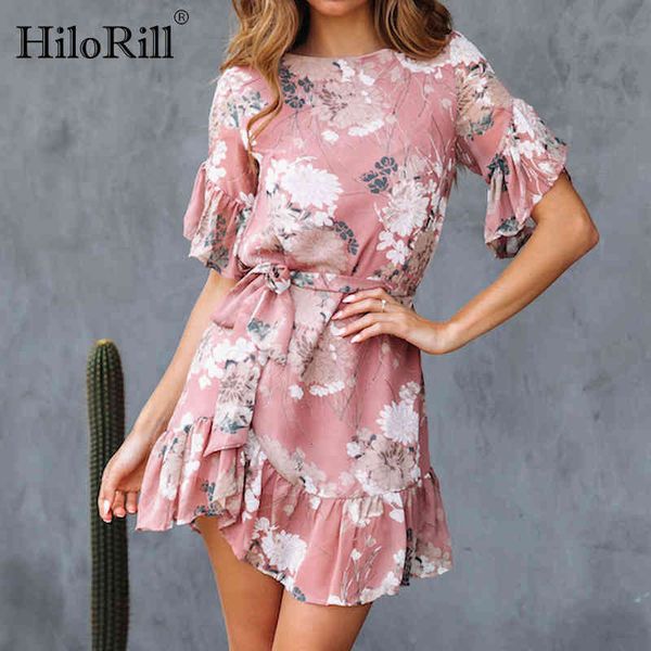 

boho style summer beach women dress floral print ruffle es casual o-neck short sleeve a line mini party robe 210508, Black;gray