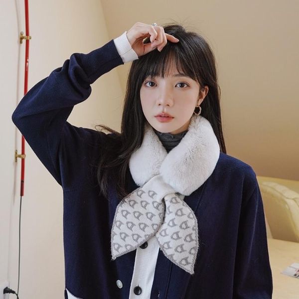 

scarves 2021 rex fur scarf women's knitted small bow tie double side warm collar all-match student ring muffler neckchief, Blue;gray
