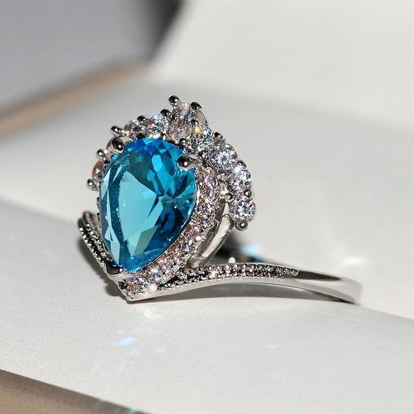 

cluster rings 2021 silver engagement for women jewels stone crystals jewelry gift jewellery ring waterdrop blue zirconia, Golden;silver