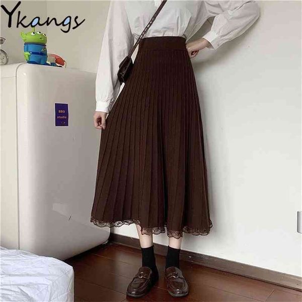 

women winter a-line sweater thick long skirt female autumn black pleated koreany high waist elegant lace stitching 210421