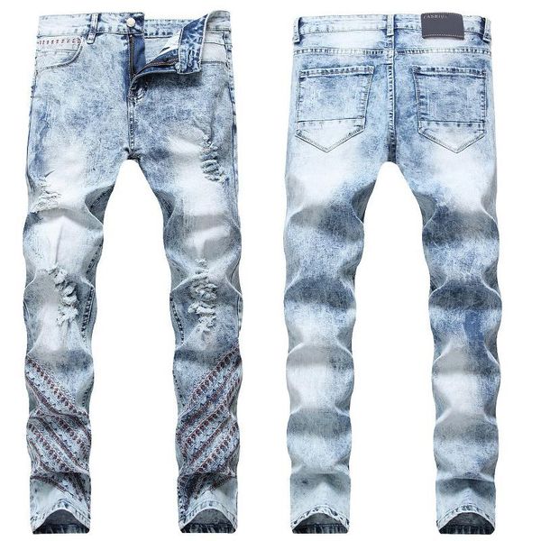 

men's jeans retro khaki rewashed water to make old trousers tide brand slim straight casual pants, Blue