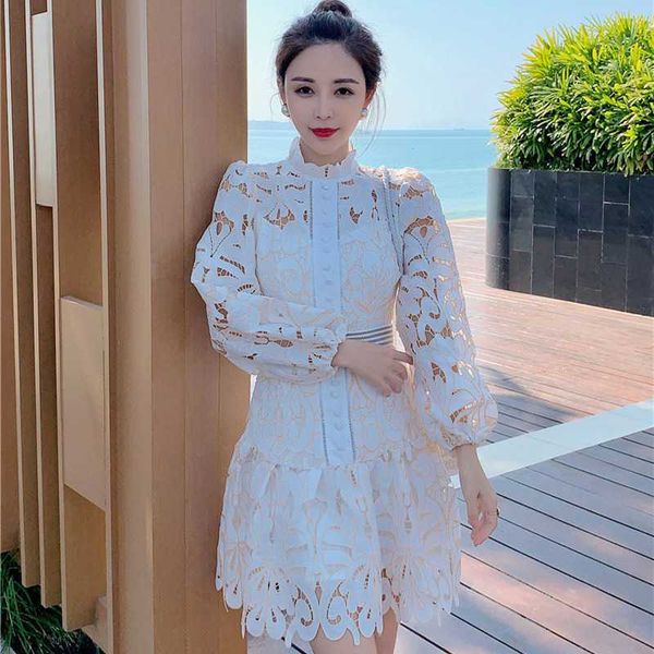 

casual dresses runway women autumn vintage hollow out embroidery puff sleeve belt mini dress ladies party vestidos 1bc1, Black;gray