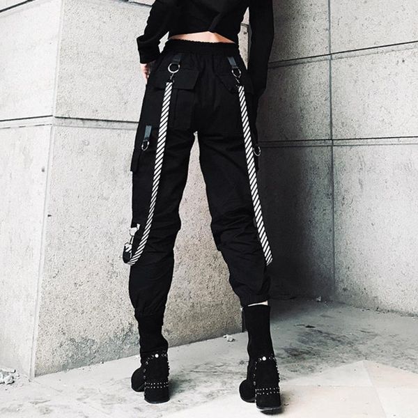 

women bf style cargo pants cool streetwear striped ribbon gothic casual hip hop sweatpants jogger dark black goth 2021 spring women's &, Black;white