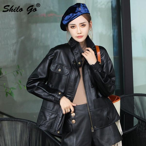 

women's leather & faux casual stand collar single breasted jacket women winter drop shoulder solid sheepskin genuine coat pockets front, Black
