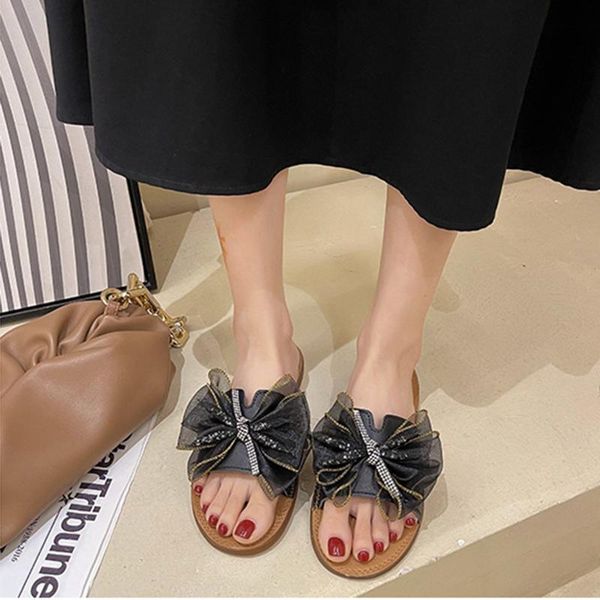 

slippers bow crystal women 2021 summer sweet shoes flat sandals open toe flip flop woman outdoor sandalias, Black