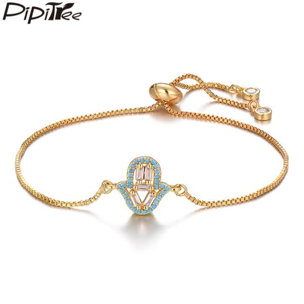 

charm bracelets pipitree fashion blue cz zircon micro paved hamsa hand women men's slider chain bracelet bangle jewelry gift, Golden;silver