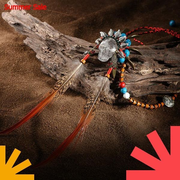 

pendant necklaces skull necklace for womenpendant hyperbole feather stone crystal skeleton long chain vintage jewelry 2021, Silver