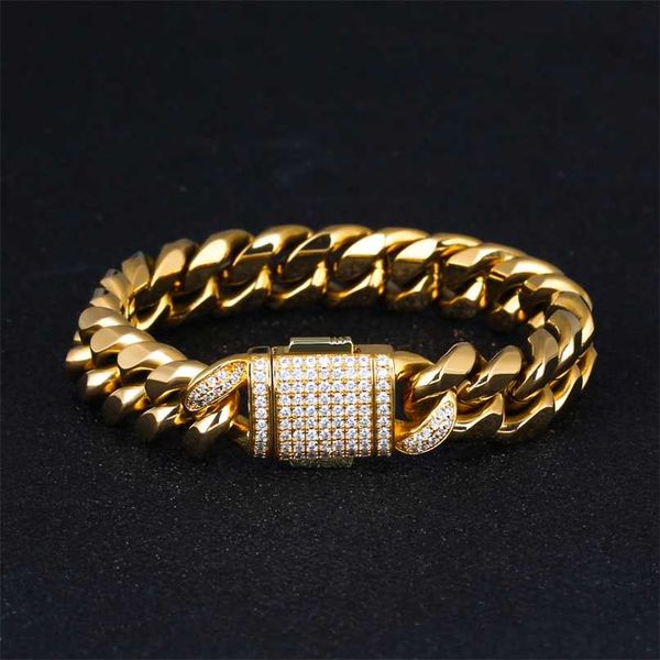 

dnschic 12mm miami cuban bracelet cz buckle stainless steel link for men women hip-hop jewelry rapper punk street fashion 211124, Black