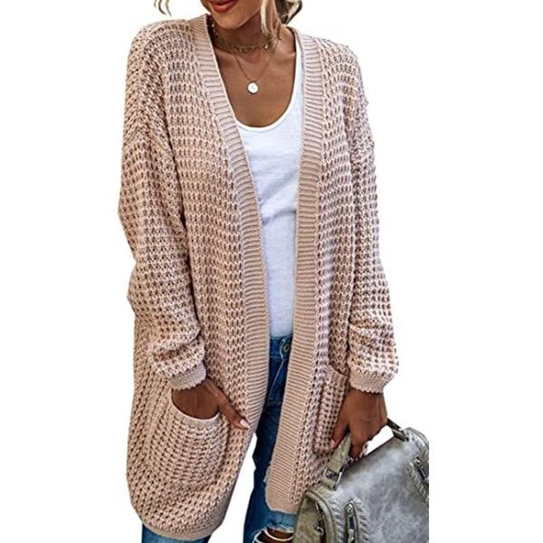 

women's knits & tees fashion middle long spring autumn vintage solid v neck sweater cardigan knitted sleeve pockets lazy coat, White