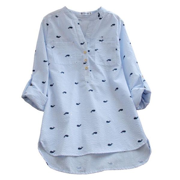 

women's blouses & shirts 2021 fashion v neck stripe dual sleeve blouse shirt lady print cotton all-match casual student, White