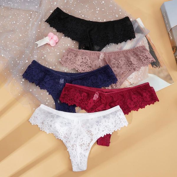

women lace lingerie temptation low-waist panties embroidery thong transparent hollow out underwear 1/2pcs women's, Black;pink