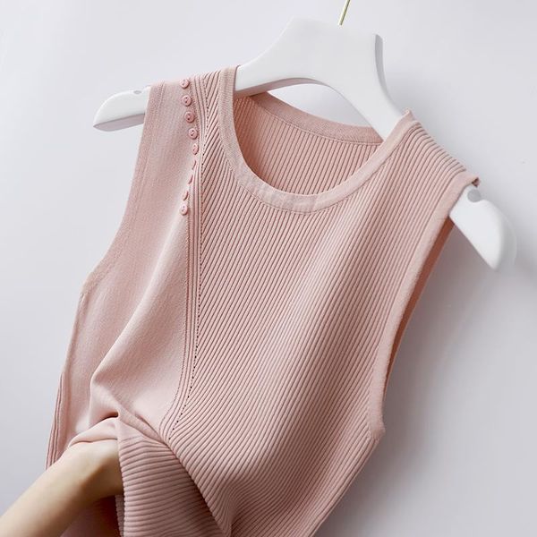 

women's tanks & camis summer femme sleeveless knit tank women blusas mujer de moda 2021 verano o-neck pink knitted e823, White