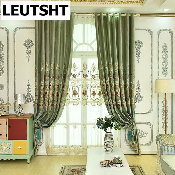 

european velvet embroidery curtains for living room classic custom luxury green bedroom /study curtain & drapes