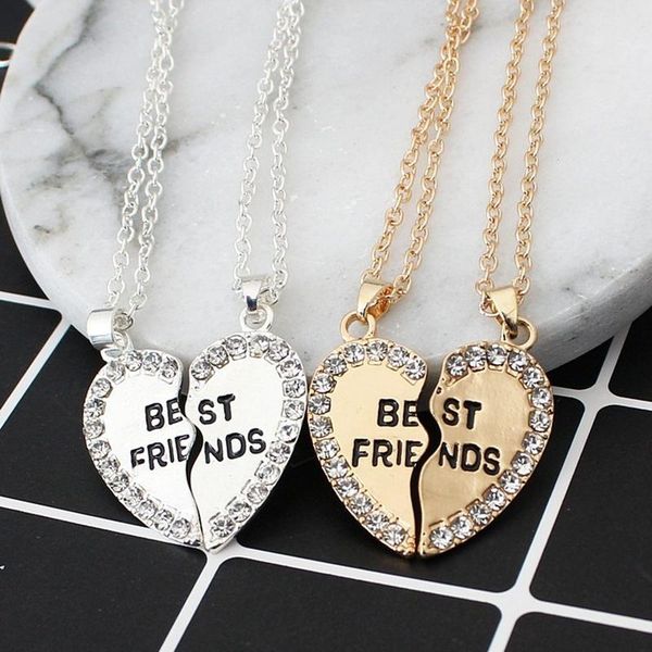 

pendant necklaces 2pcs fashion heart peadant necklace lovely rhinestone friends jewelry, Silver