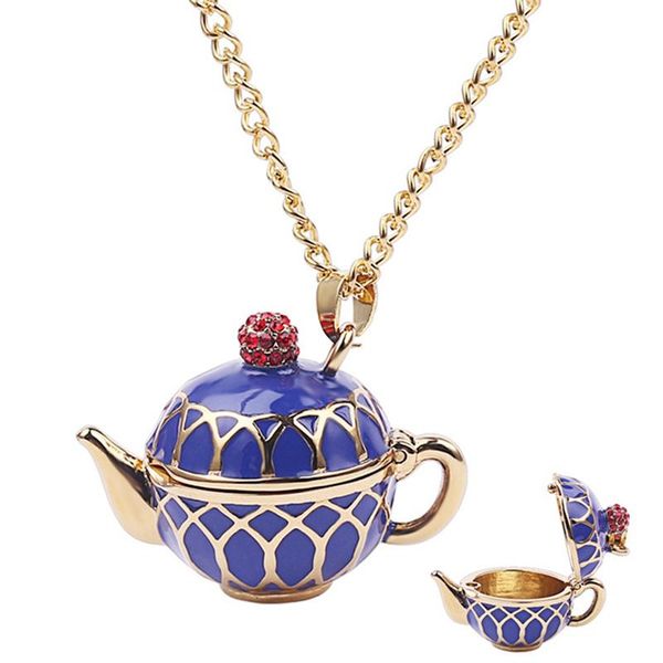

blue teapot necklace set can open tea pot cup elegant charm creative jewelry women gift pendant necklaces, Silver