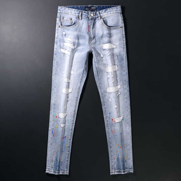 

men's jeans fashion streetwear retro light blue elastic cotton slim ripped painted designer hip hop pants fpfl