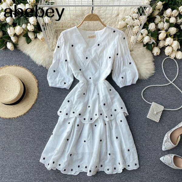 

women elegant dot french dress sweet puff sleeve v neck a-line office summer fashion casual streetwear 210512, Black;gray