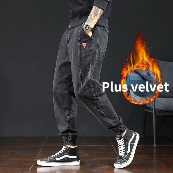 

men's pants autumn winter velvet plus size jeans loose leggings casual thick stretch harlan streetwear joggers japanese, Black
