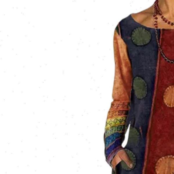 

womens dresses plus size women autumn winter long sleeve ethnic print patchwork pockets knee length dress good quality, Black;gray
