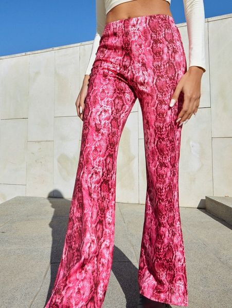 

snakeskin print flare leg split hem pants p4ws#, Black;white