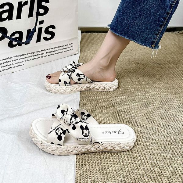 

slippers women terlik woman slip on sandals bow flat linen summer sliders espadrille shoes chanclas de mujer dress, Black