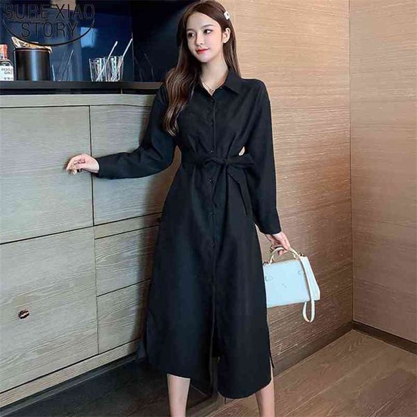 

korean button cardigan dresses vintage women maxi with belt autumn long sleeve single-breasted 1 210506, Black;gray