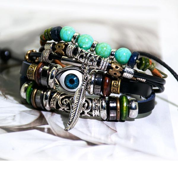 

link, chain 2021 punk turkish evil eye multilayer leather bracelet man woman bronze charm jewelry rope couple bracelets for men's gift, Black