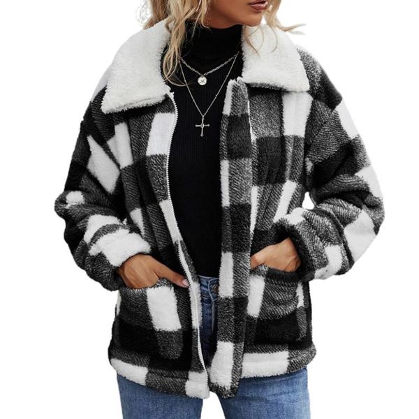

women's jackets women thermal coat for winter, plaid printed pattern zipper closure fleece with pockets, black/ brown