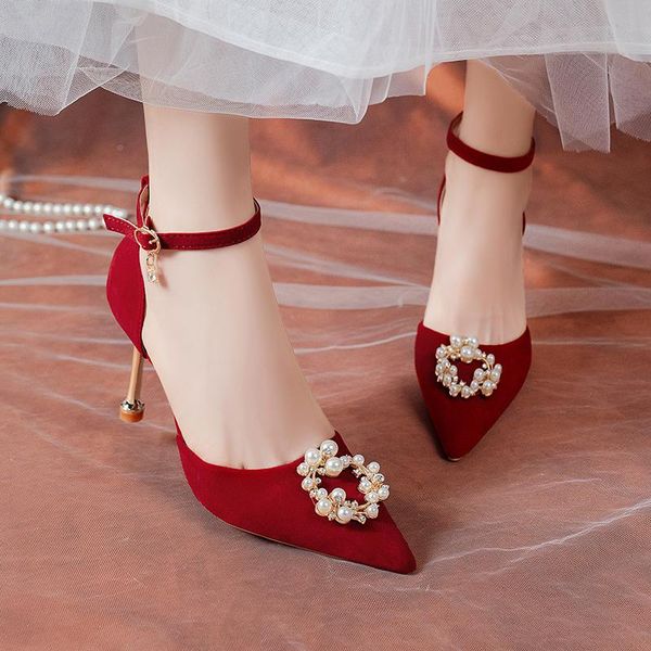 

dress shoes rimocy elegant pearl buckle wedding women red pointed toe stiletto heels pumps crystal ankle strap ladies, Black