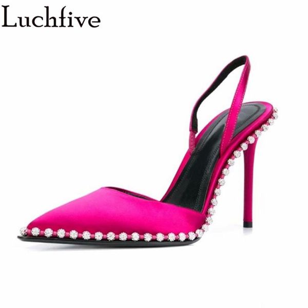 

dress shoes pointed toe thin high heels women rose red satin crystal chain sole stilettos sandals runway banquet party woma, Black