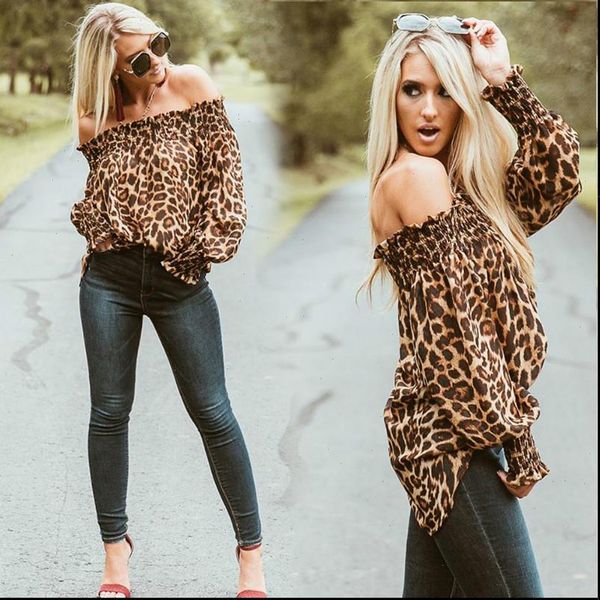 

womens blouses classical shirts blouse women leopard print off shoulder slash neck puff sleeve loose casual vintage, White
