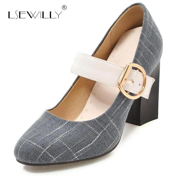 

lsewilly size 31-48 women plaid high heel shoes pointed toe metal buckle thick pumps classics daily office s565 dress, Black