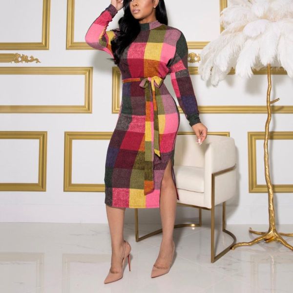 

casual dresses autumn winter dress for women's plaid printed bodycon full sleeve side split mid calf fashion elegant evening party vest, Black;gray