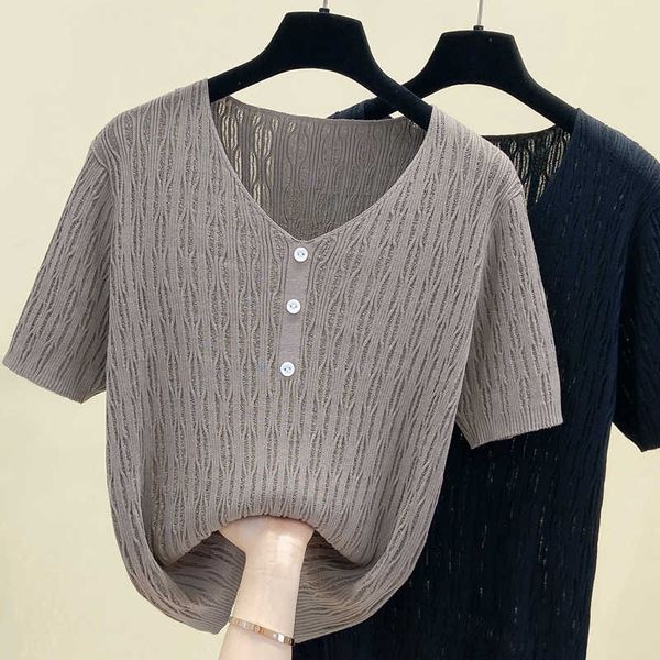 

4xl plus size summer thin pullover v-neck sweater women short sleeve loose knitted bottoming shirt wool 210604, White;black