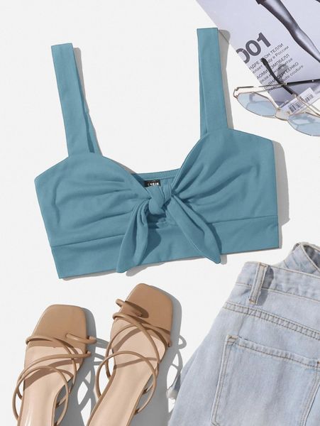 

knot front solid crop cami a8n3#, White