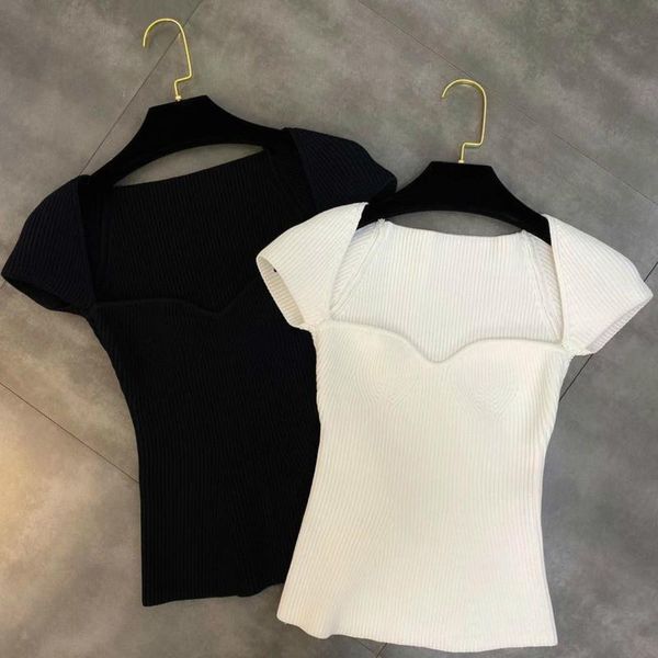 

short summer sleeve women t shirts square collar kinitted wk690, White