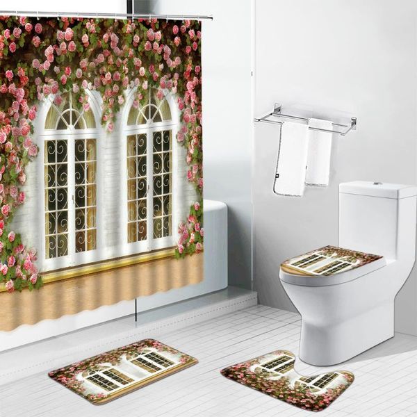 

european style window flower scenery shower curtains set garden rural spring landscape bathroom decor bath mat toilet cover rug