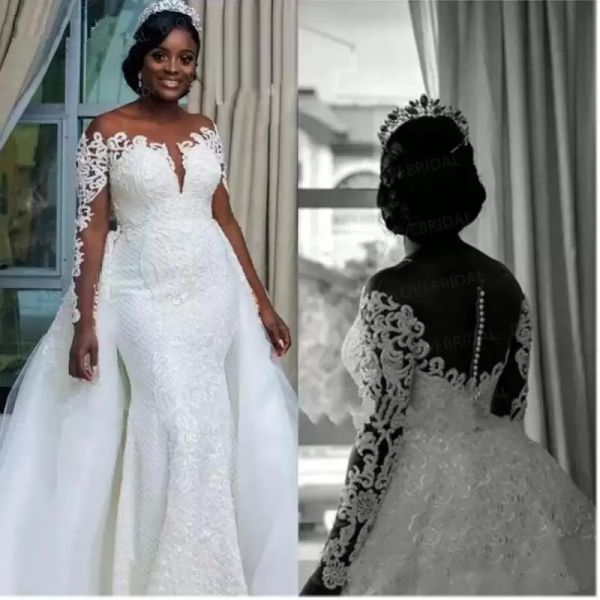 

2022 mermaid wedding dresses bridal gown with long sleeves lace applique overskirt custom made plus size scoop neck vestidos chapel garden, White