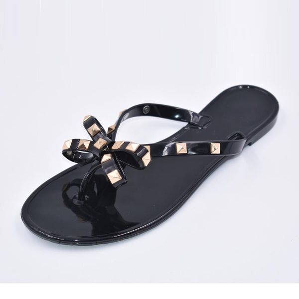 

slippers 2021 summer beach women flip flops flat sandals bow rivet fashion pvc indoor and outdoor crystal shoes 36-42, Black