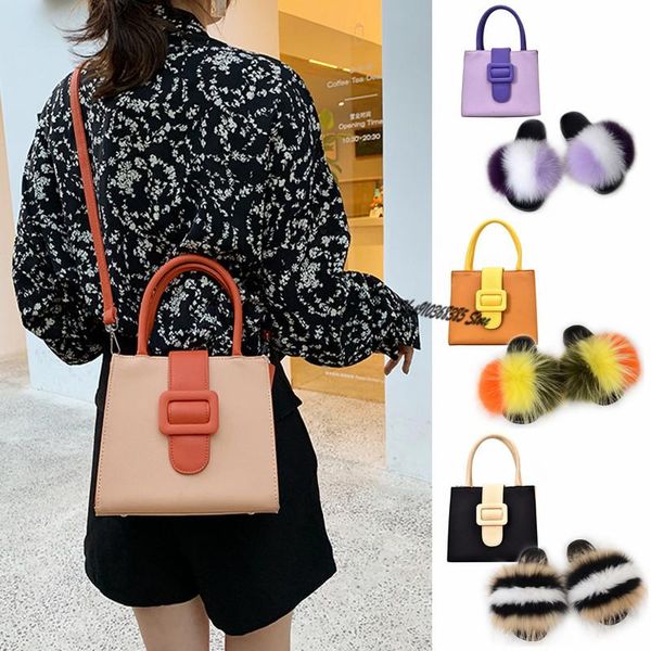 

ladies handbag single shoulder small square bags fashion messenger bag set women cute fur slippers fluffy slides plush shoes, Black