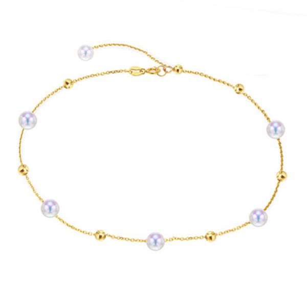 

sinya 18k au750 gold chain anklets bracelets with natural round pearl charm for women girl mum lover length 18-25cm adjustable, Red;blue